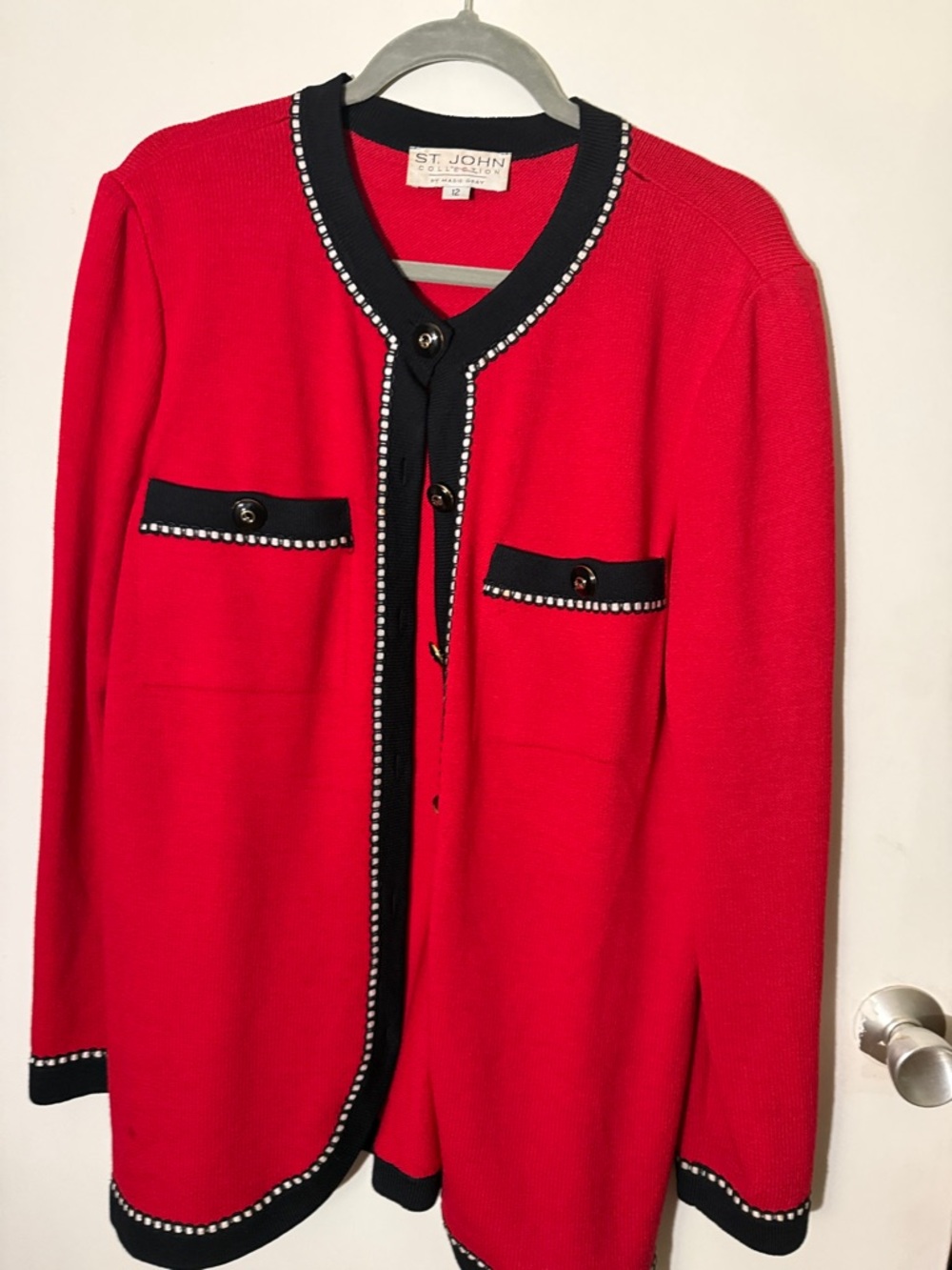 St. John Red Knit Jacket with Black Trim and Rhinestone Detailing